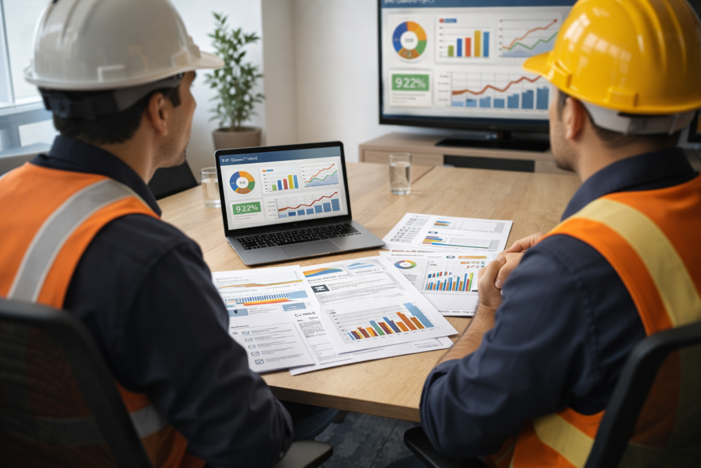 Construction team reviewing project data